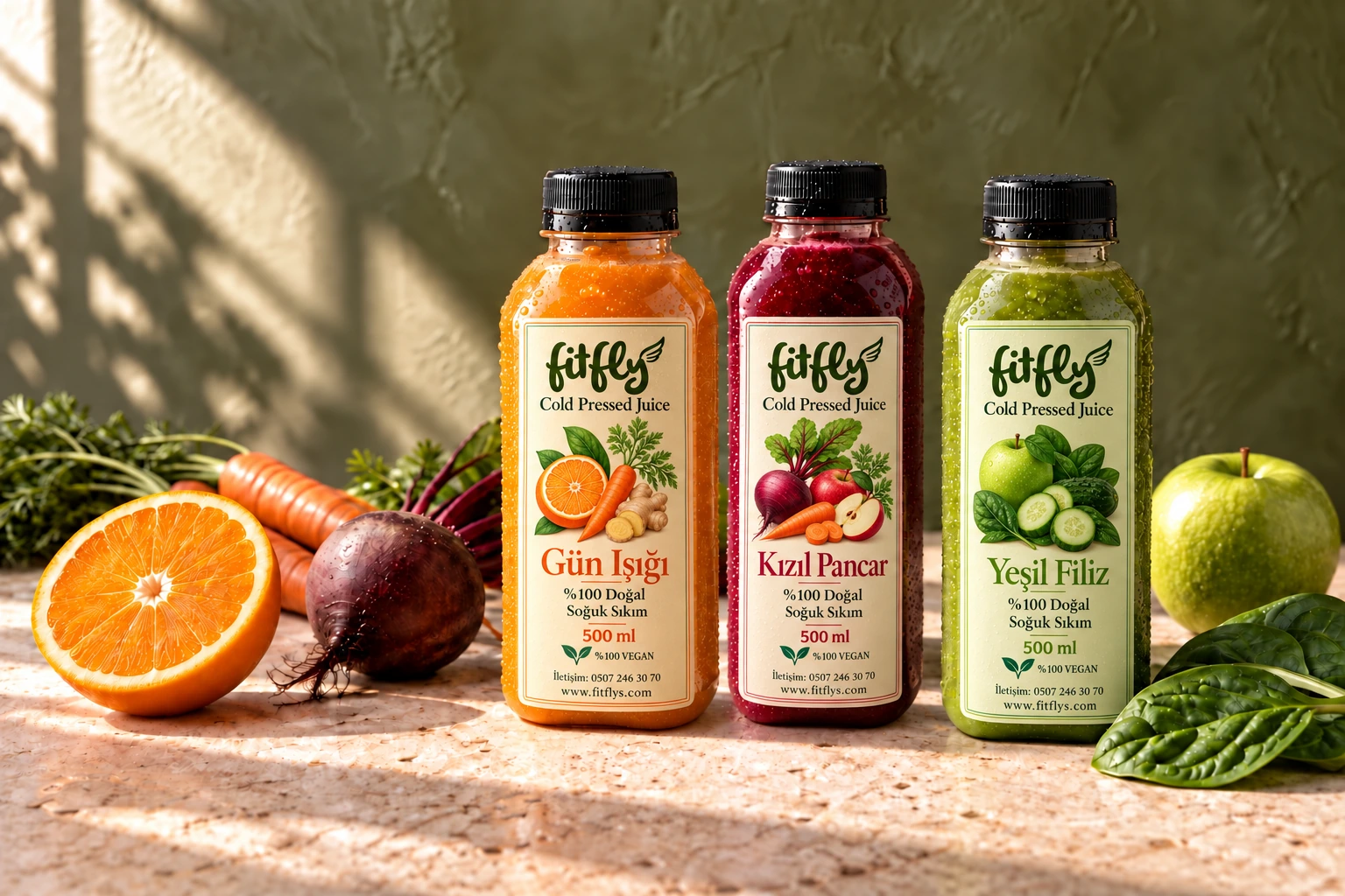 Yeni kanatlı FitFlys etiketleriyle Gün Işığı, Kızıl Pancar ve Yeşil Filiz 500 ml şişeleri